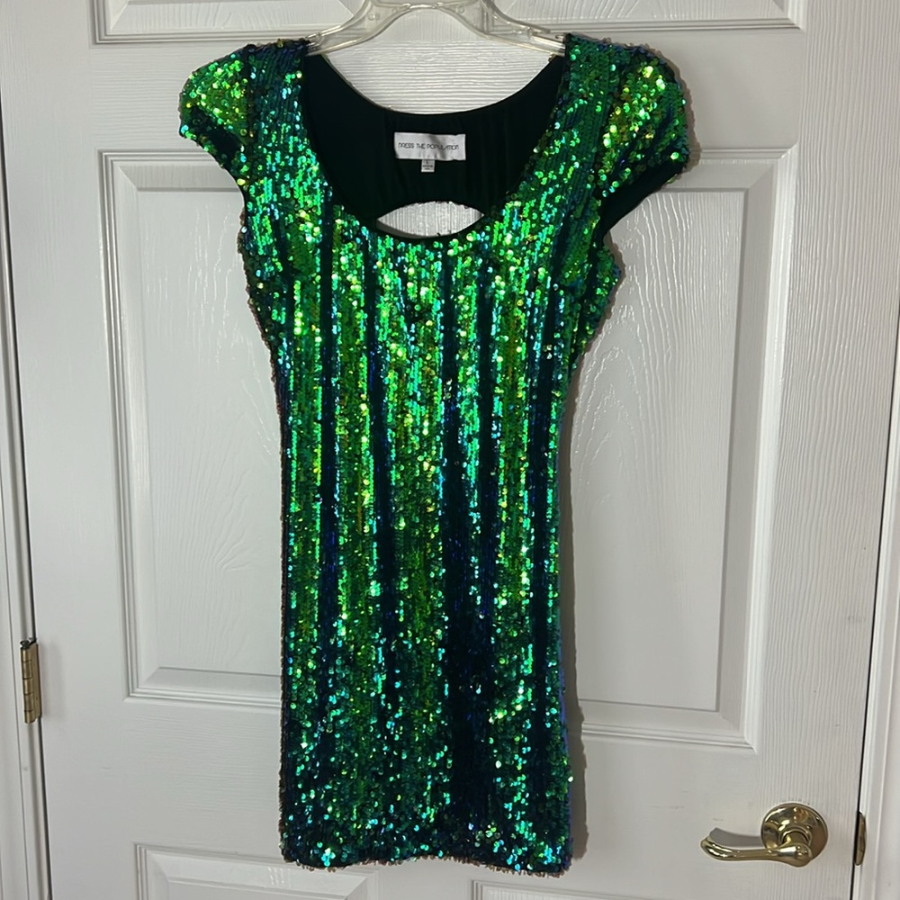 Dress The Population Zoe Sequin Minidress Mermaid Vibes Size L in Green/Blue - Picture 2 of 6